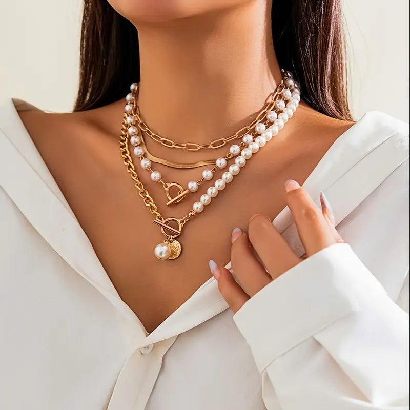 Vintage Pearl Gold Snake Chain Necklace Set - Rose & Oliver