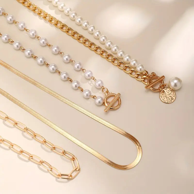 Vintage Pearl Gold Snake Chain Necklace Set - Rose & Oliver