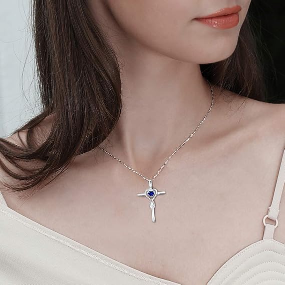 Sapphire Heart Cross Necklace - Rose & Oliver