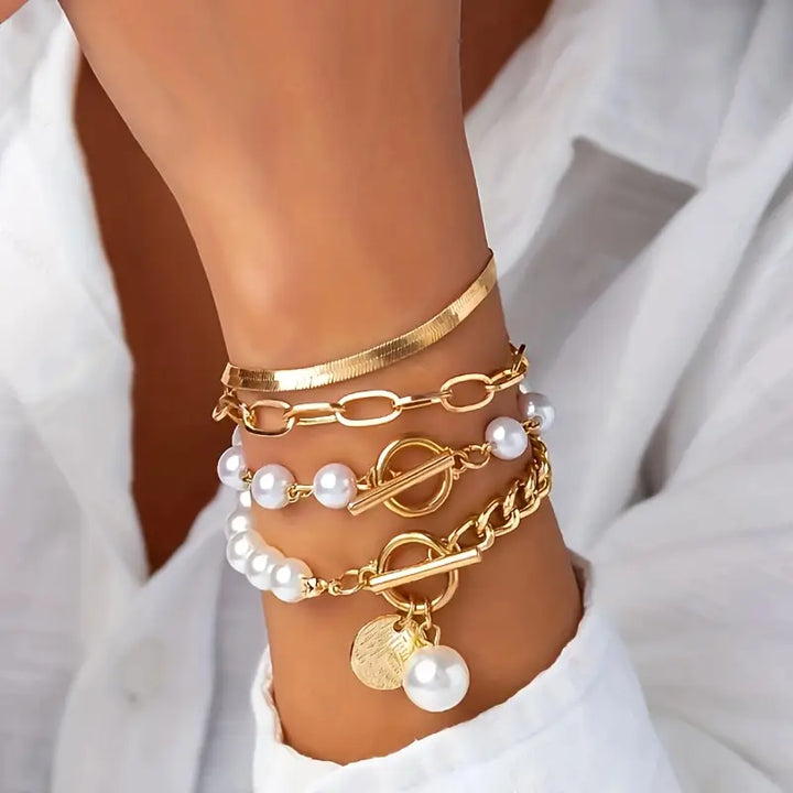 Chic Gold 4-Piece Bracelet Set – Snake, Pearls & Links | Gold by Rose & Oliver - product image 1