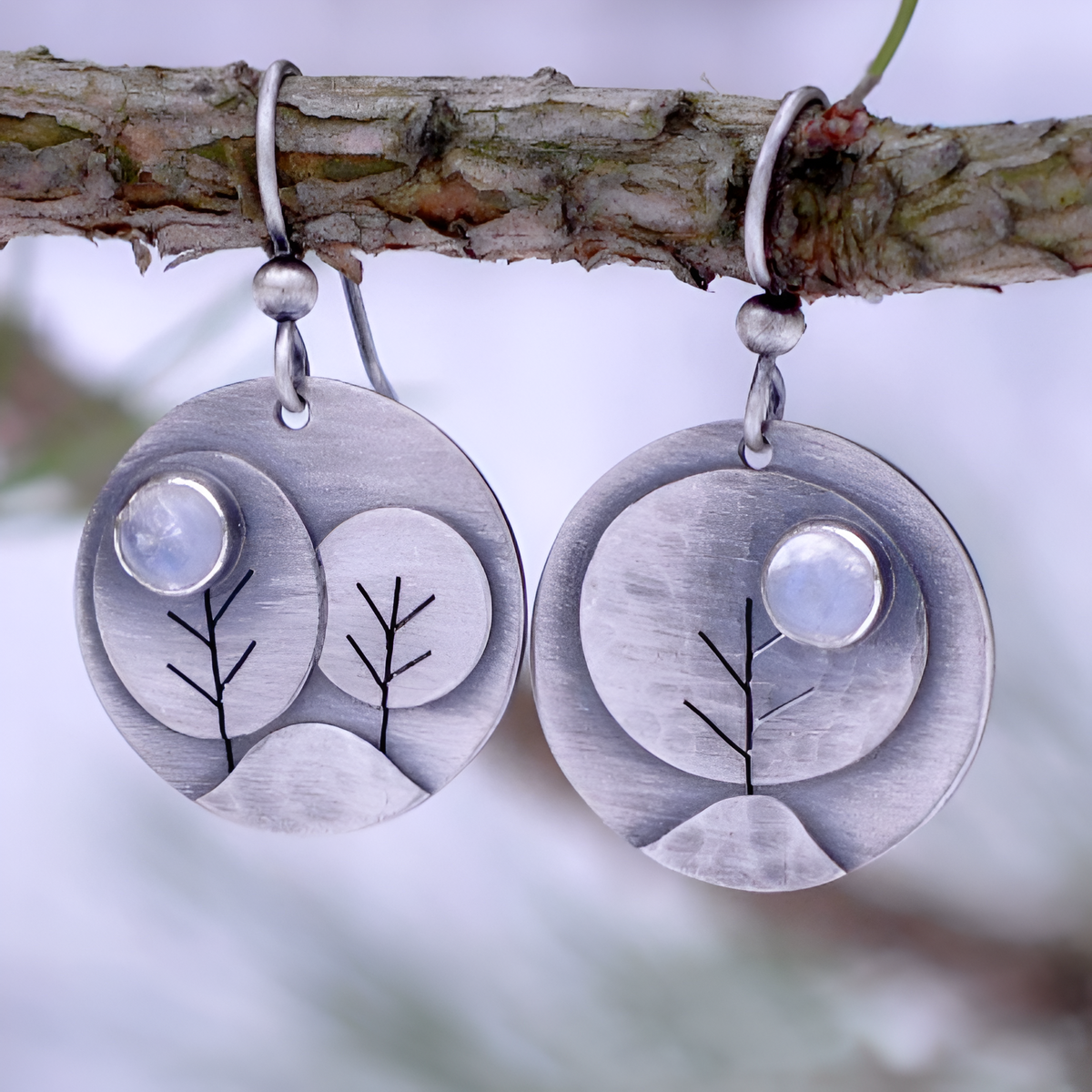 Moonstone Tree Sterling Silver Dangle Earrings