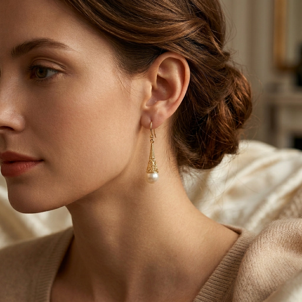 Gold Filigree Pearl Drop Earrings by Rose & Oliver - product image 2