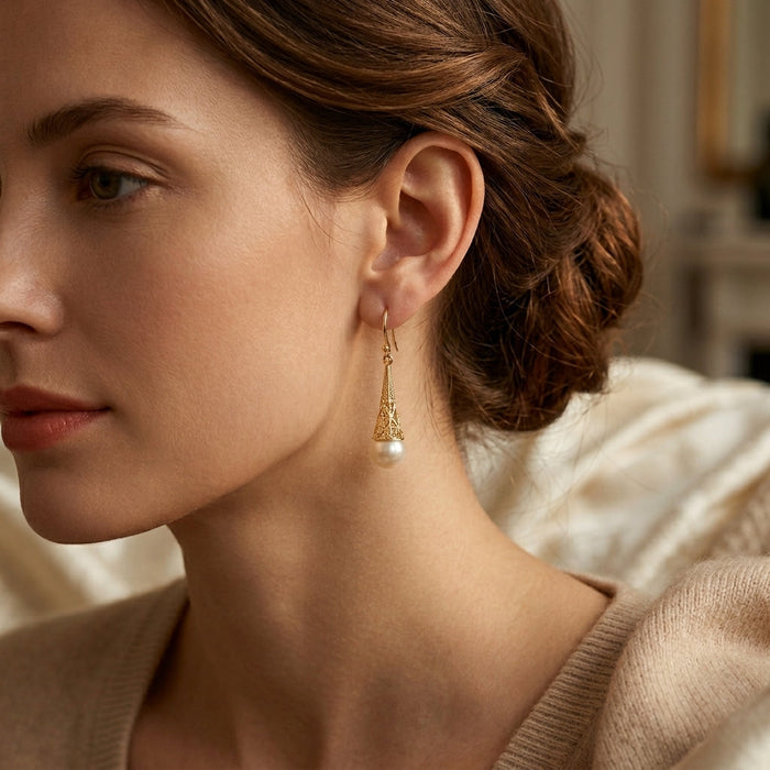Gold Filigree Pearl Drop Earrings by Rose & Oliver - product image 2