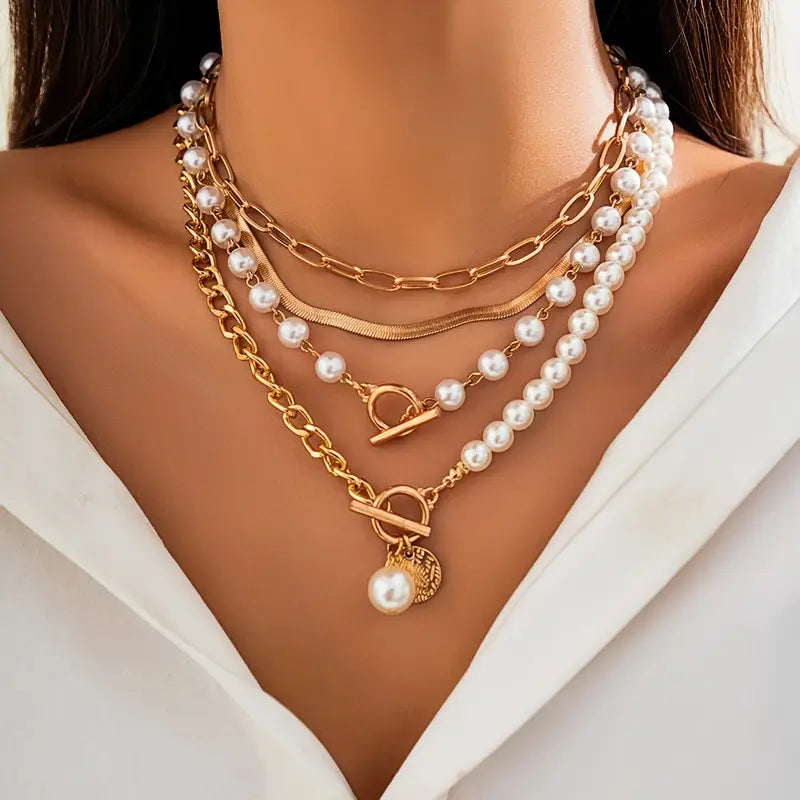 Vintage Pearl Gold Snake Chain Necklace Set - Rose & Oliver