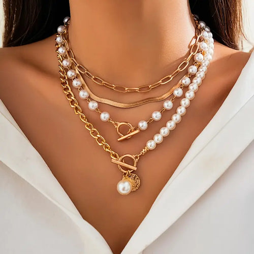 Vintage Pearl Gold Snake Chain Necklace Set - Rose & Oliver